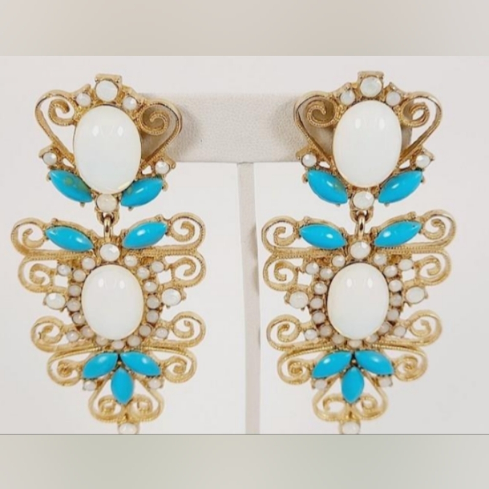 Kenneth J Lane 3" Dangle Opalite? Earrings Faux Turquoise 1970's VTG